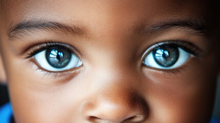 Naklejka premium Close up portrait of an adorable young African American boy showcasing captivating blue eyes and a charming expression.