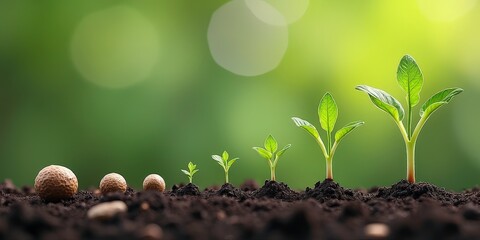Growth from Seed to Success: A row of seedlings, from tiny seeds to flourishing plants, represents the journey of growth and progress, showcasing the power of nurturing and potential for success.  
