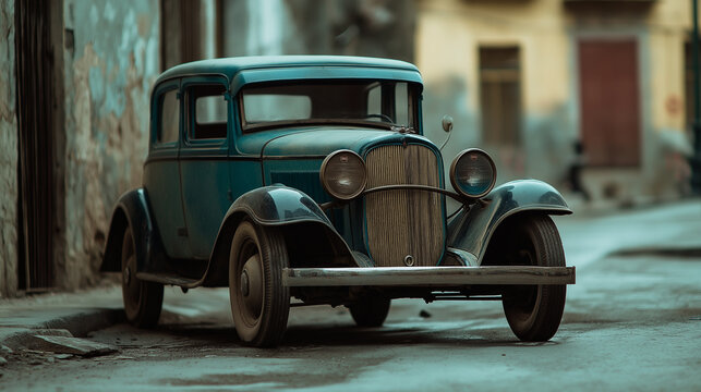 Fototapeta 1930s vintage car, dusty street, soft focus, faded effect