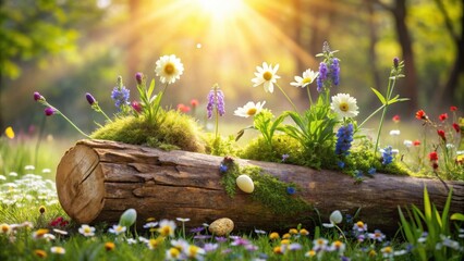 Sunlit Spring Meadow Flowers Nestled in Rustic Wooden Log
