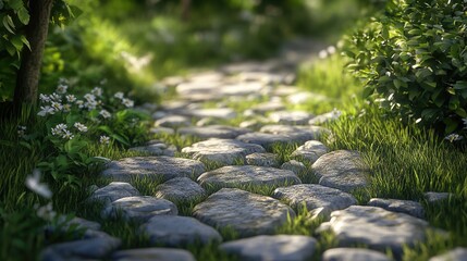Naklejka premium Serene cobblestone pathway surrounded by lush green grass and blooming flowers in a tranquil natural setting