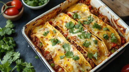 delicious baked tacos layered with minced meat cheese and fresh cilantro in a rustic baking dish garnished with cherry tomatoes and herbs