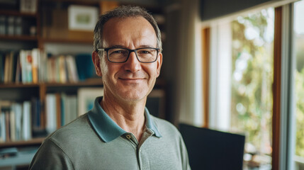 Portrait of a cheerful middle-aged man with glasses, wearing a polo shirt, standing in his home office, looking warmly into the camera
