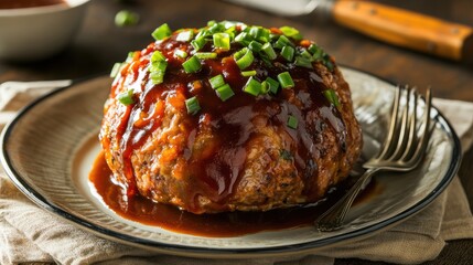 Savory baked meatloaf topped with BBQ sauce and fresh green onions served on a rustic plate with cutlery on a wooden table