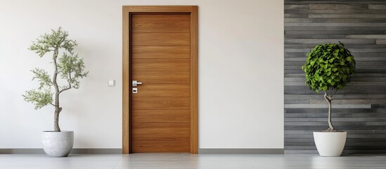 Sleek brown wooden interior door enhance modern home decor with minimalistic elements and greenery in a contemporary setting.