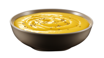 Bowl of creamy yellow soup garnished with fresh herbs on a rustic table, studio view, isolated on transparent background.