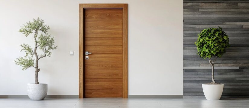 Sleek brown wooden interior door enhance modern home decor with minimalistic elements and greenery in a contemporary setting.