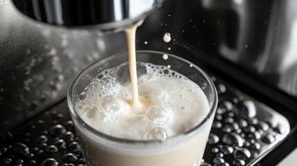 Espresso machine frothing milk for a creamy beverage close up with focus on pouring and bubbling texture in a glass cup