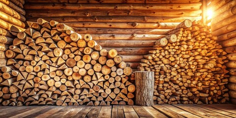 Rustic Wooden Cabin Interior with Stacked Firewood Logs