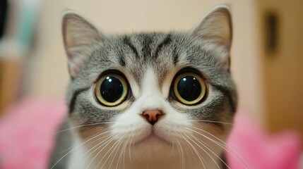 Adorable American Shorthair cat portrait with large expressive eyes photographed at eye level against a soft background