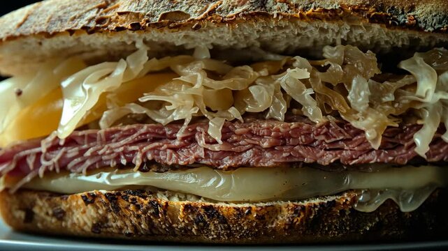Delicious sandwich featuring layers of corned beef, sauerkraut, and melted cheese on fresh bread