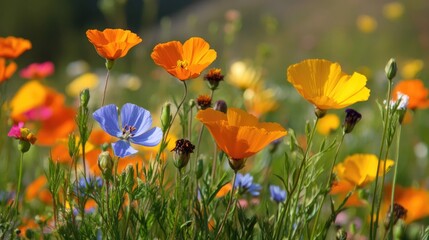 Obraz premium Vibrant wildflower bloom in colorful mountain meadow during springtime showcasing diverse blossoms and lush green foliage