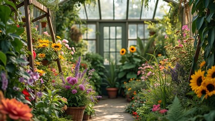 Serene Greenhouse, Vibrant Exotic Flowers, Lush Greenery, Tranquil Atmosphere Botanical Garden Photography
