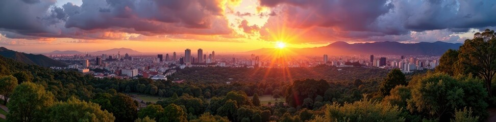 Panoramic view of Bogota's central park at sunset, architecture, nature