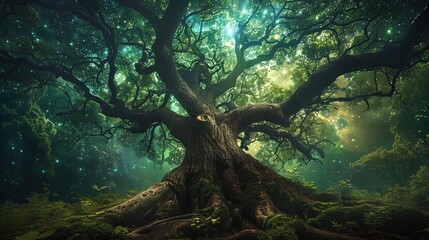 Fototapeta premium A majestic, ancient tree stands prominently in a mystical forest, with sprawling branches adorned with twinkling lights resembling stars. The tree's gnarled trunk is thick and textured, showcasing dee