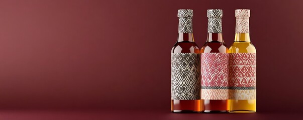 A trio of glass vinegar bottles with patterned labels on a solid maroon backdrop