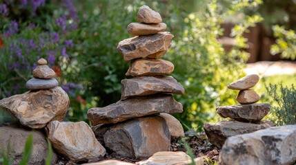 Balanced stones stacked in outdoor garden setting with vibrant flowers creating a serene and tranquil atmosphere during summer.