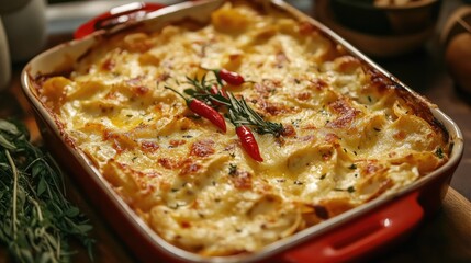 Delicious Cheesy Baked Nachos Topped with Chili Peppers and Fresh Herbs in a Vibrant Casserole Dish