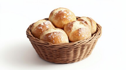 Freshly baked artisan bread rolls in a rustic woven basket presenting a classic bakery display of comfort food and culinary tradition.