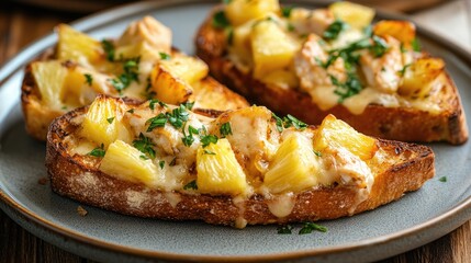 Baked homemade toasts topped with chicken cheese pineapple and garlic on a stylish plate ready to serve deliciousness