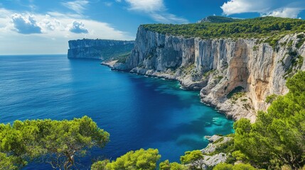 Obraz premium coastal landscape featuring azure sea and majestic cliffs under a clear blue sky showcasing natural beauty and tranquility