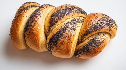 Freshly baked poppy seed rolls beautifully braided on a clean white background highlighting texture and golden crust.