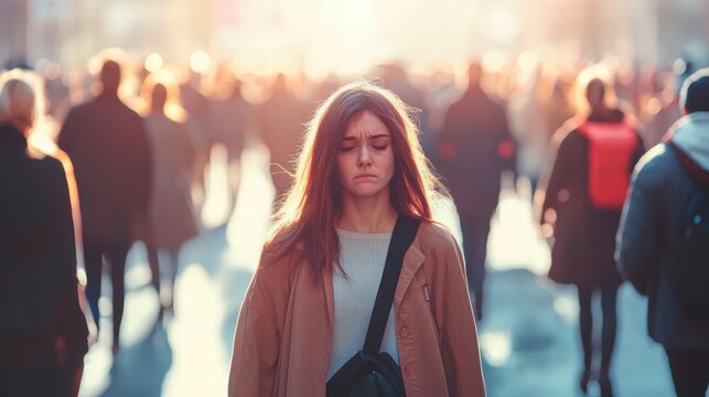 Young woman having panic attack in public place
