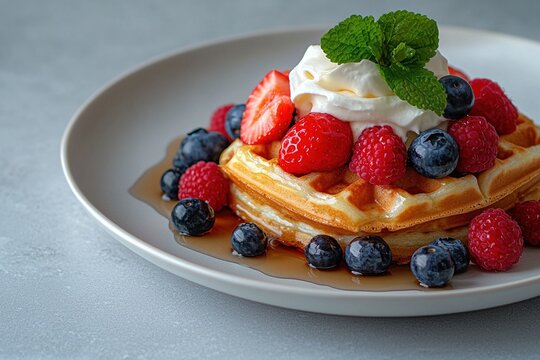 Indulge in classic waffles topped with mixed berries and a drizzle of maple syrup for a delightful breakfast treat