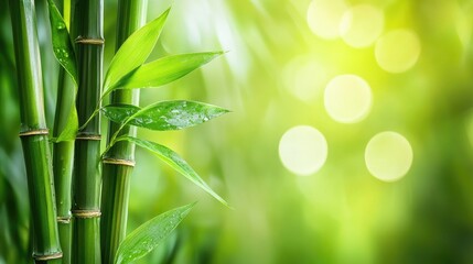 Bamboo Stems with Green Leaves and Bokeh Background for Natural Wallpaper or Textured Design