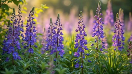 Obraz premium Vibrant Purple Larkspur Blooms in Profusion, Lush Field of Delicate Blue-Toned Flowers Swaying Gently in Sunny Grassland