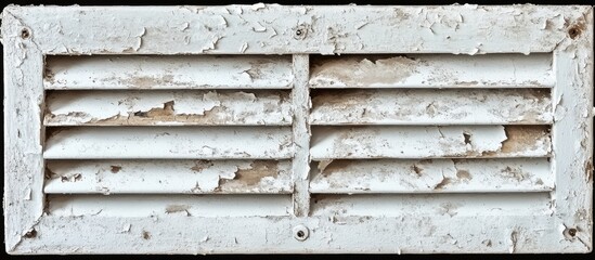 Fototapeta premium Weathered basement ventilation grille with peeling paint showcasing signs of age and foundation wear.