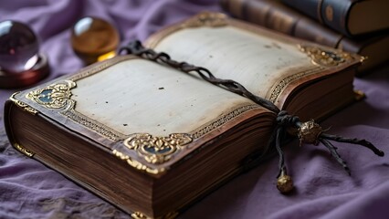 Ancient Spellbook, Mystic Grimoire with Golden Filigree, Crystal Ball, and Witchcraft Objects on Lavender Background