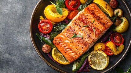 Baked salmon fillet served on a plate with vibrant vegetables and herbs in an elegant presentation