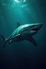 Obraz premium Shark illuminates dark waters with eerie glow, shark, mysterious