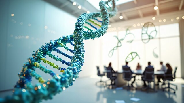 3D DNA Helix in Modern Office Meeting Room, Genetic Research, Biotechnology, and Scientific Innovation Concept