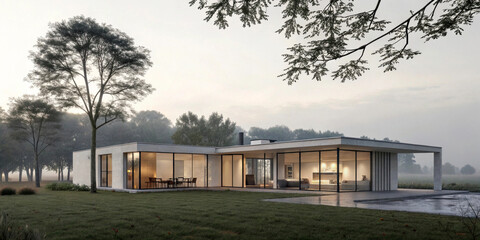 A modern, glass-walled house is set amidst a serene, foggy landscape. Surrounding trees add to the tranquil atmosphere, while the interior appears warmly lit.AI generated.