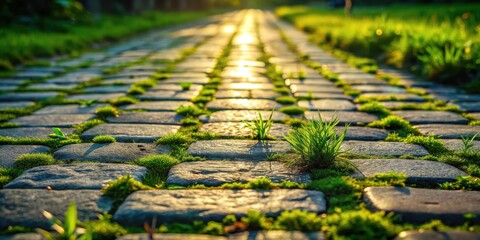Naklejka premium Sunlit cobblestone path with vibrant green moss and grass growing between stones