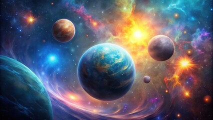 A Vibrant Celestial Tapestry of Planets, Nebulae, and Stars in a Cosmic Dance