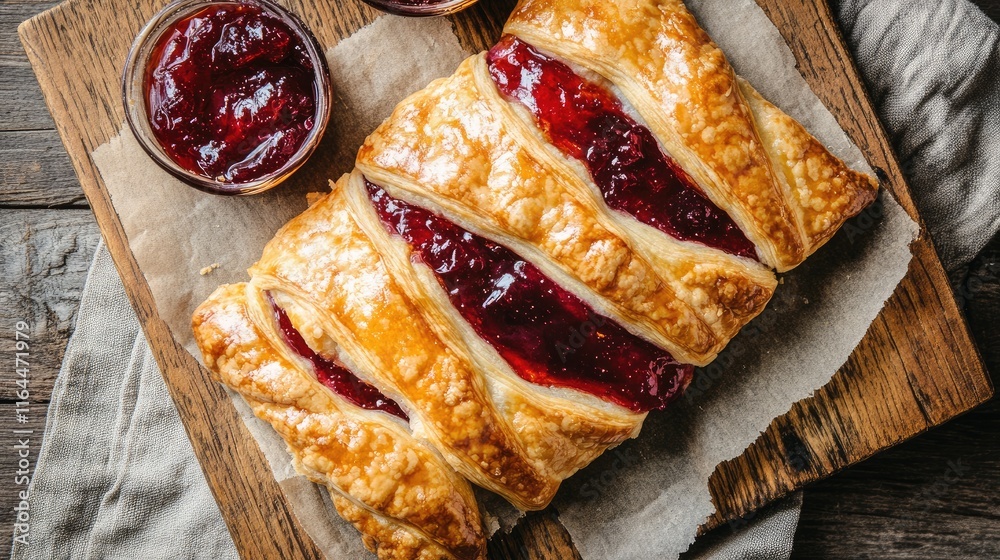 Canvas Prints Delicious baked puff pastry filled with vibrant fruit jam served on a rustic wooden board with additional jam in small bowls.