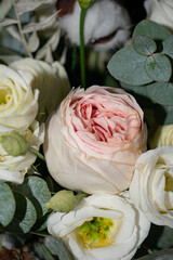 Close-up of blooming roses in a soft pastel bouquet. A beautiful floral arrangement perfect for celebrations or greeting cards.