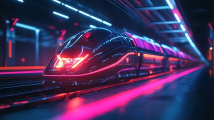 Futuristic High-Speed Train in Neon-Lit Tunnel