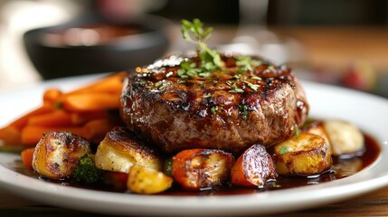 succulent baked meat with seasoned vegetables drizzled in rich sauce on a white plate served in a gourmet dining setting