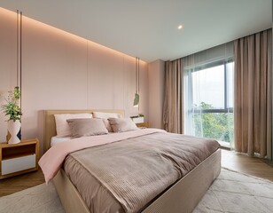modern bedroom interior with a large bed and a large window pastel color scheme