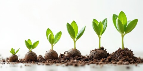 Growth and Progress: A series of five vibrant green seedlings emerge from the soil, each stage of...