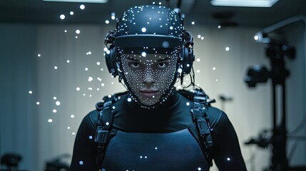 Naklejka premium Person wearing motion capture suit and headset, surrounded by digital particles.