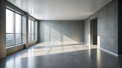 Sunlit Empty Modern Room with Large Windows and Concrete Walls