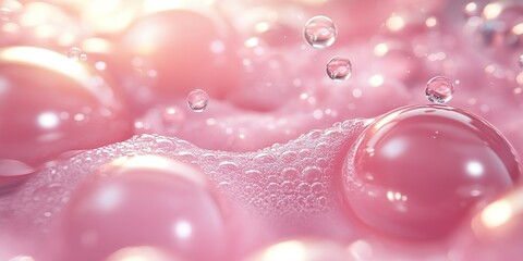 Bubbles of soft pink foam with glistening droplets create a serene and soothing atmosphere in a close-up setting