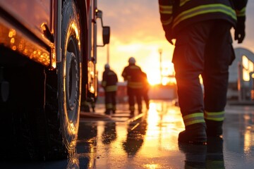 This image captures firefighters silhouetted against a stunning sunset, reflecting their bravery and dedication in a moment of calm after a busy day of service and protection.