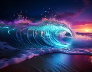 glowing digital wave crashing onto beach symbolizing technology s transformative power