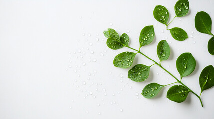 Fresh Moringa Leaves with Water Droplets on White Background – Natural and Minimalist Design for Wellness and Organic Themes